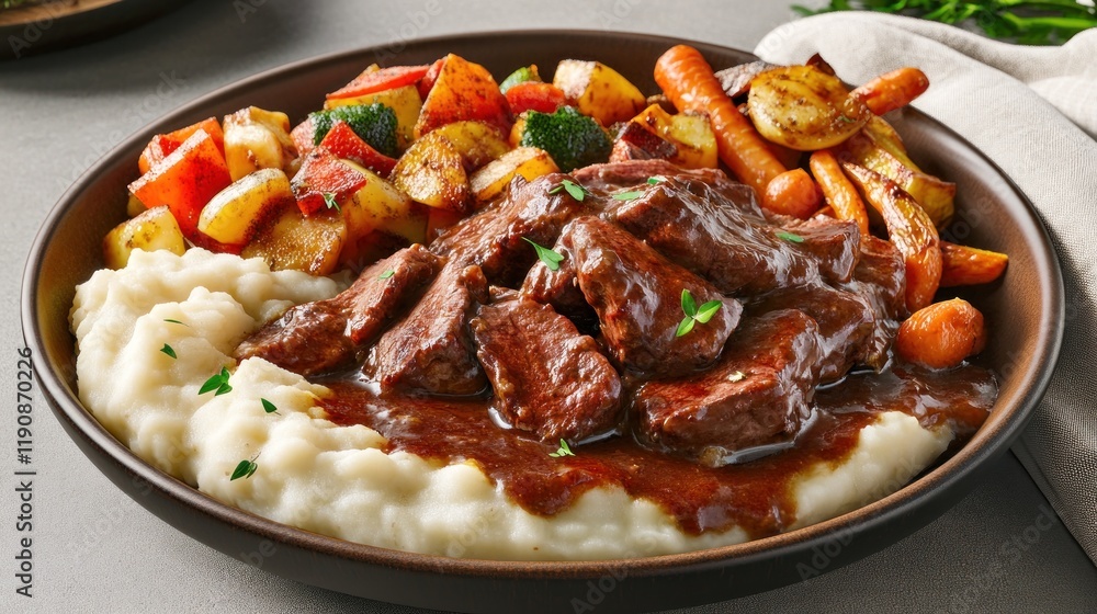 Hearty Beef Stew with Creamy Mashed Potatoes and Colorful Roasted Vegetables Hearty Beef Stew with Creamy Mashed Potatoes and Colorful Roasted Vegetables