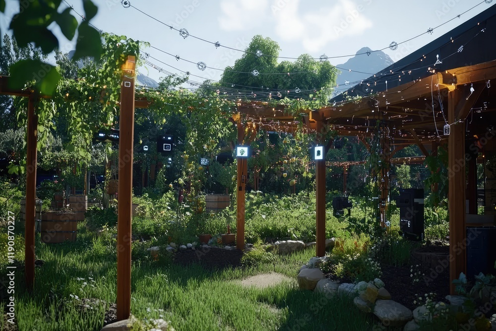 Lush Sunny Garden with String Lights and Wooden Pergolas for Outdoor Relaxation Lush Sunny Garden with String Lights and Wooden Pergolas for Outdoor Relaxation