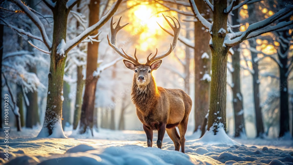 Fototapeta premium Majestic Red Deer in Snowy Winter Forest - Wildlife Photography