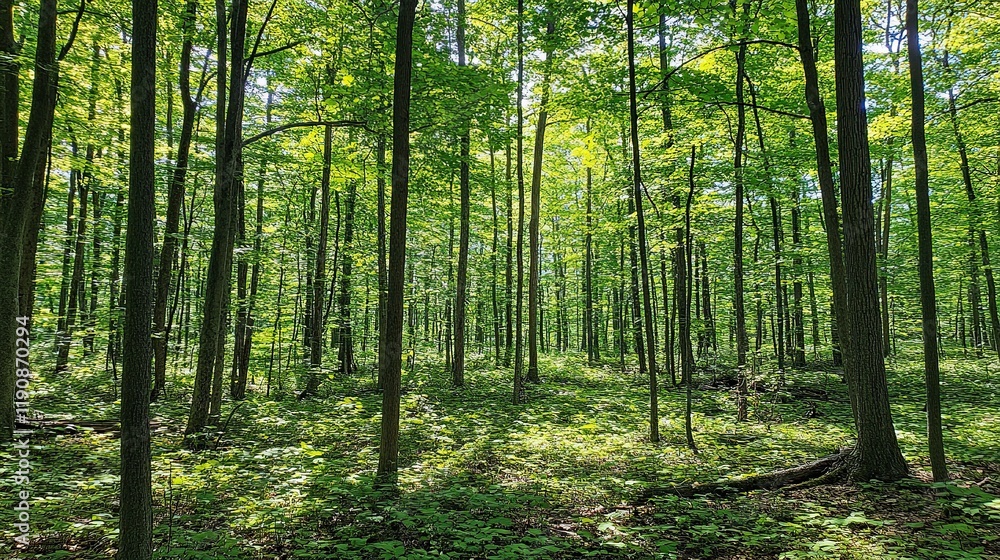 Fototapeta premium Lush green forest with sunlight filtering through tall trees.