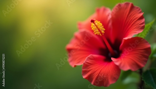 Close up shot of a vibrant red hibiscus flower with a blurred green background