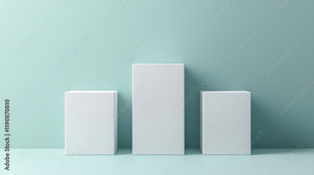 A minimalist display of white boxes in varying heights against a soft, mint-green background, creating a modern and clean aesthetic. A minimalist display of white boxes in varying heights against a soft, mint-green background, creating a modern and clean aesthetic.