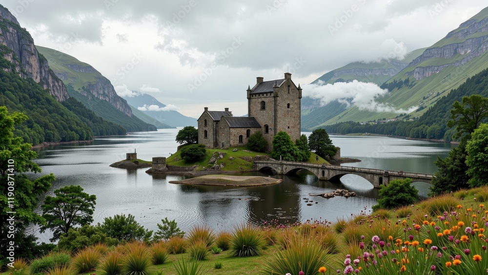 A serene outdoor vista captures a vast expanse of water flanked by twin islands—left and right—with an elegant bridge arching gracefully above, weaving connections in this tranquil landscape A serene outdoor vista captures a vast expanse of water flanked by twin islands—left and right—with an elegant bridge arching gracefully above, weaving connections in this tranquil landscape