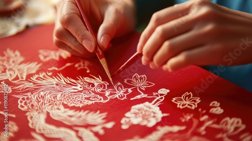 A close-up of a person handcrafting a Chinese New Year paper-cut art, creating beautiful designs of dragons, flowers, and lucky symbols on red paper.