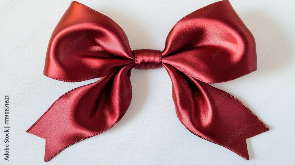 A close-up of a red satin ribbon holiday bow with four loops and a subtle gray shimmer, neatly arranged on a white backdrop. A close-up of a red satin ribbon holiday bow with four loops and a subtle gray shimmer, neatly arranged on a white backdrop.