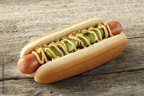 Gourmet Hot Dog with Mustard, Pickles, and Onions on Rustic Wooden Table photo