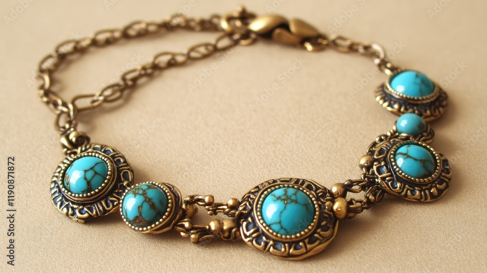 A boho-style bracelet with turquoise stones on a soft beige background for a warm and earthy tone. A boho-style bracelet with turquoise stones on a soft beige background for a warm and earthy tone.