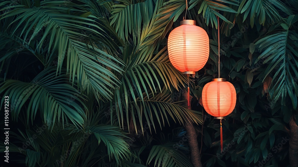 Two glowing pink lanterns hang amidst lush tropical palm leaves at night. Two glowing pink lanterns hang amidst lush tropical palm leaves at night.