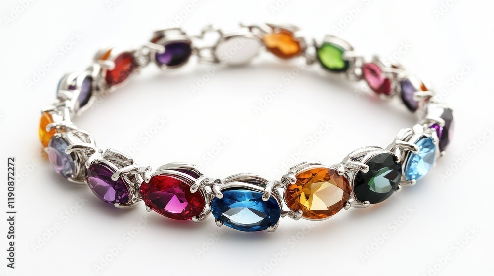 A bracelet with bright gemstone charms on a bright white background, focusing on vibrant colors. A bracelet with bright gemstone charms on a bright white background, focusing on vibrant colors.