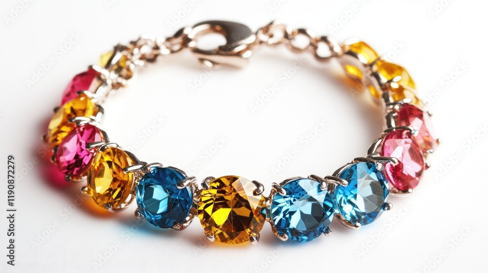 A bracelet with bright gemstone charms on a bright white background, focusing on vibrant colors. A bracelet with bright gemstone charms on a bright white background, focusing on vibrant colors.