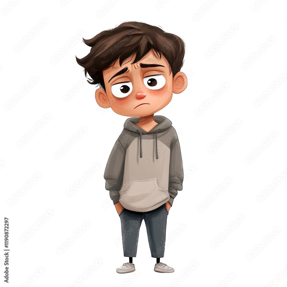 Portrait Sad stressed upset cartoon character boy isolated on transparent background Portrait Sad stressed upset cartoon character boy isolated on transparent background