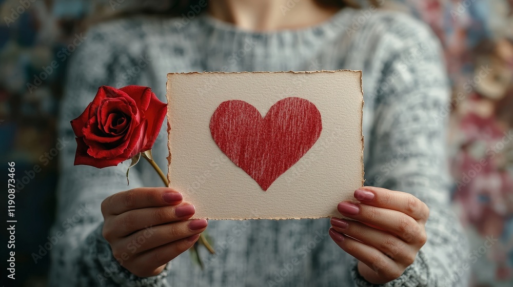 Woman Holding a Red Rose and a Card with a Heart Symbol on a Soft Background for Romantic Themes and Celebrations Woman Holding a Red Rose and a Card with a Heart Symbol on a Soft Background for Romantic Themes and Celebrations