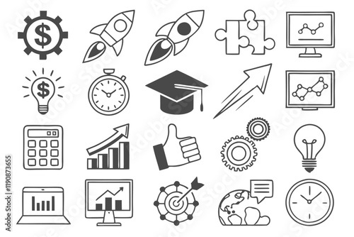 Business icons, startup incubator, entrepreneurship symbols, line art illustrations, growth charts, networking diagrams, innovation lightbulbs, money symbols, gears and cogs, computer screens, handsha