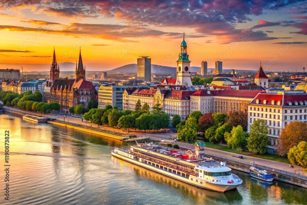 Fototapeta premium Majestic Vienna Panorama: Danube River Cruise & Cityscape