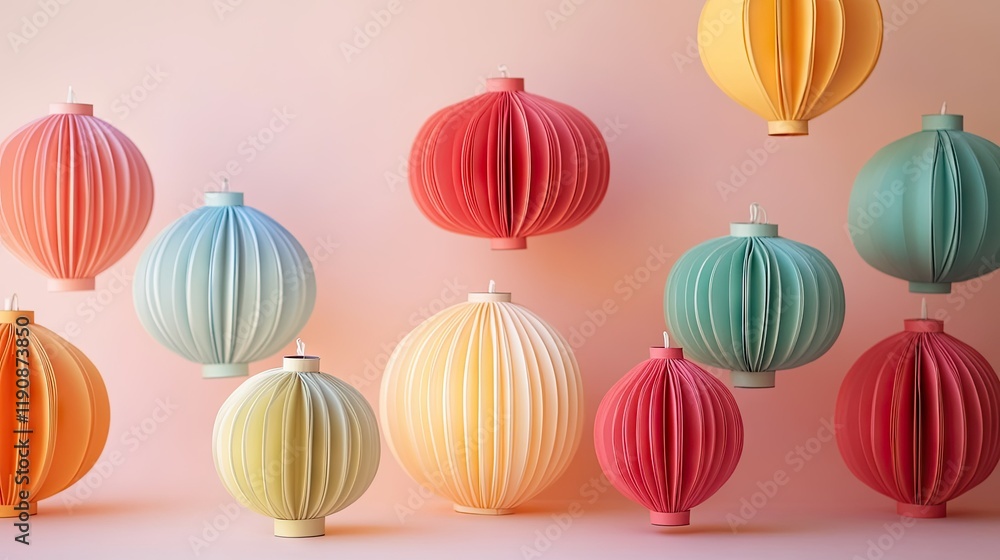 A collection of handmade Chinese New Year lanterns made from colorful paper, placed against a neutral background with a soft glow. A collection of handmade Chinese New Year lanterns made from colorful paper, placed against a neutral background with a soft glow.