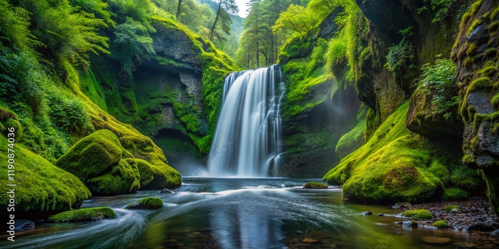 Fototapeta premium Majestic Waterfall Cascading Through Mossy Gorge, Lush Green Stream