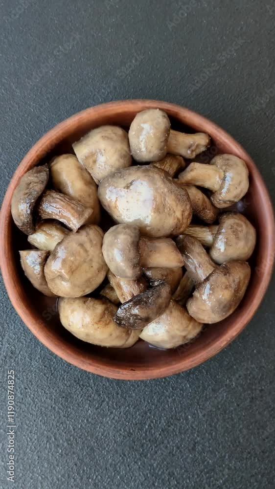 Grilled champignon mushrooms with salt, spices and herbs on dark concrete background Grilled champignon mushrooms with salt, spices and herbs on dark concrete background