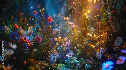 A vibrant, enchanting garden filled with colorful flowers and soft glowing lights.