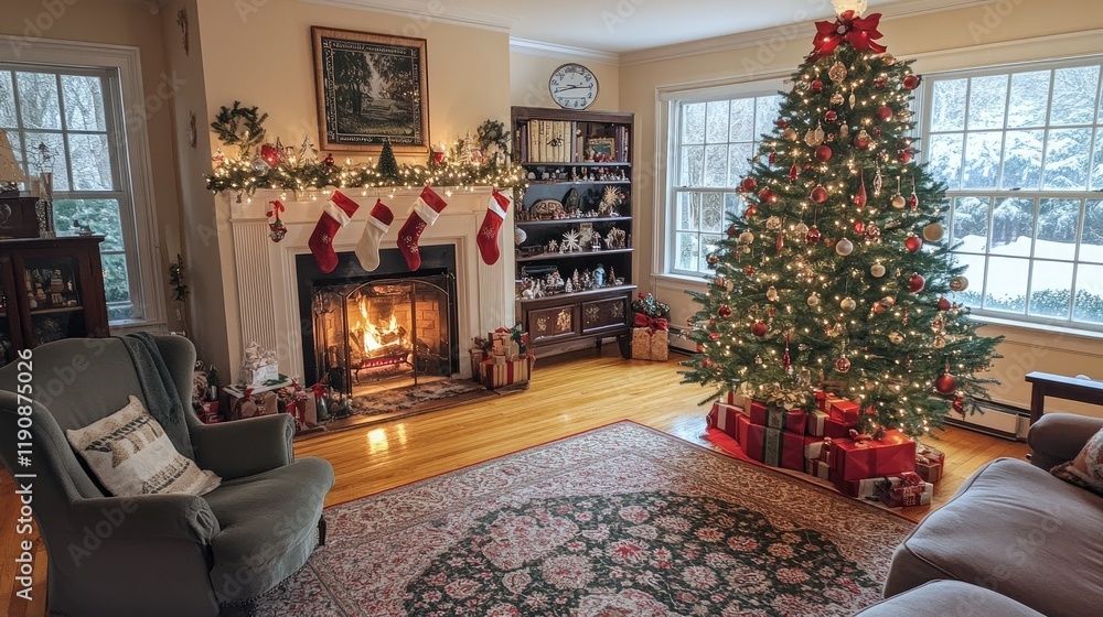 Obraz premium A cozy holiday living room with a beautifully decorated Christmas tree and a fireplace glowing in the background, making the perfect setting for the holiday season.