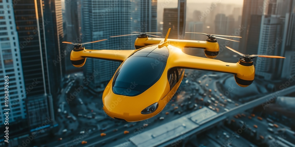 Fototapeta premium Future of urban air mobility, city air taxi, UAM urban air mobility, Public aerial transportation, Passenger Autonomous Aerial Vehicle AAV in futuristic city