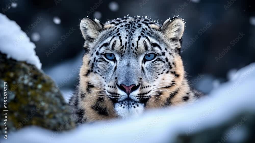 close-up of a rare snow leopard in its natural mountainous habitat, blurred snowy background. close-up of a rare snow leopard in its natural mountainous habitat, blurred snowy background.