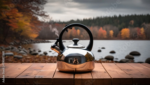 Wooden table with a kettle in front of a blurred background of autumn nature on a campsite. Lake, stones and forest in cloudy weather. For product display. photo