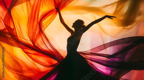 Graceful Silhouette of a Dancer Blending with Dynamic Colorful Flowing Fabrics, Capturing Movement and Emotion in a Vibrant and Artistic Expression of Dance