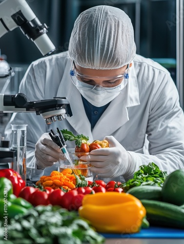 Scientist conducting food sensitivity test with fresh produce and lab equipment. Food intolerance photo