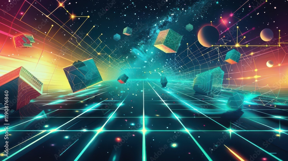 Obraz premium A vibrant, futuristic landscape with floating geometric shapes and a cosmic background.