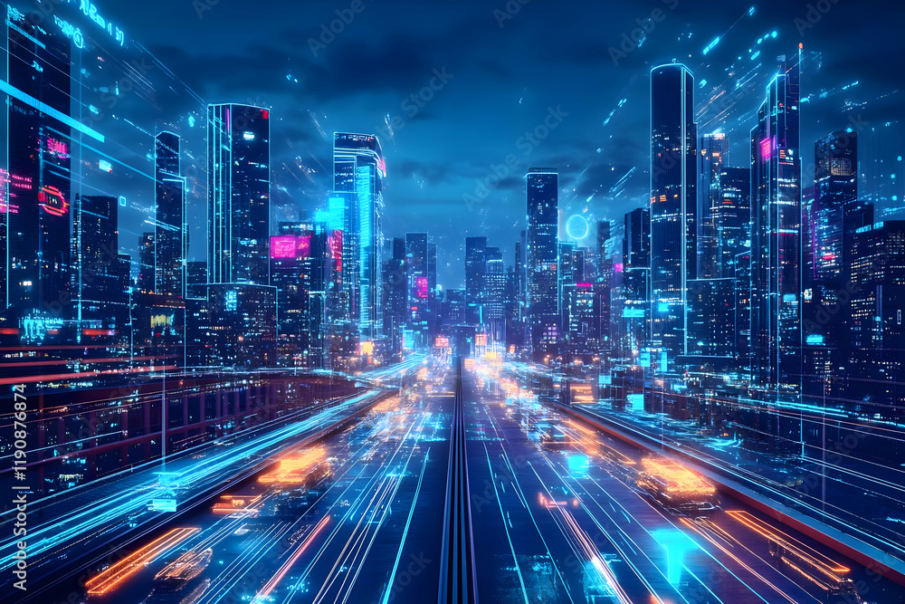 Futuristic cityscape with glowing lights and digital effects. Futuristic cityscape with glowing lights and digital effects.