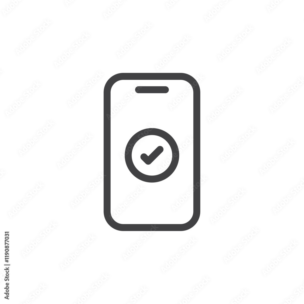 Mobile phone with check mark icon Simple outline vector logo Mobile phone with check mark icon Simple outline vector logo