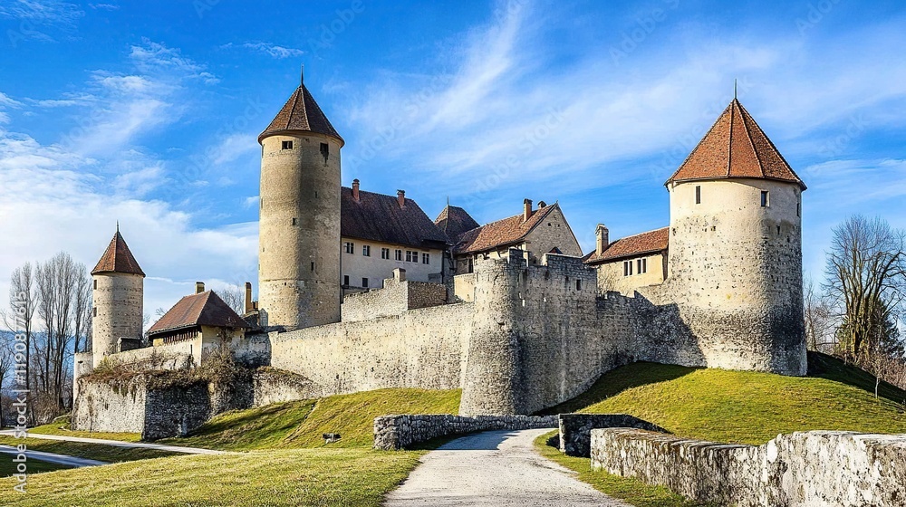 Medieval castle on a hill with towers, walls, and a bridge under a sunny sky. Medieval castle on a hill with towers, walls, and a bridge under a sunny sky.