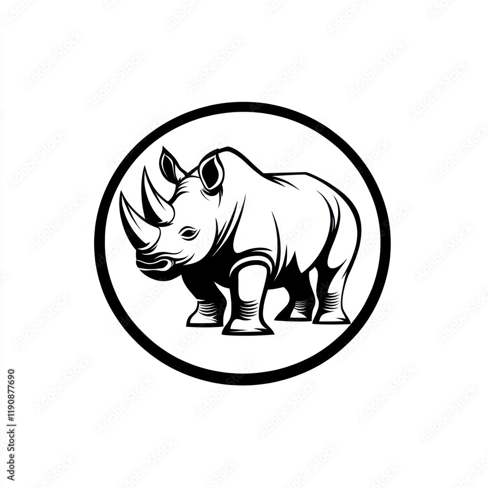 Obraz premium Rhino monochrome logo design, circle frame, white background, wildlife