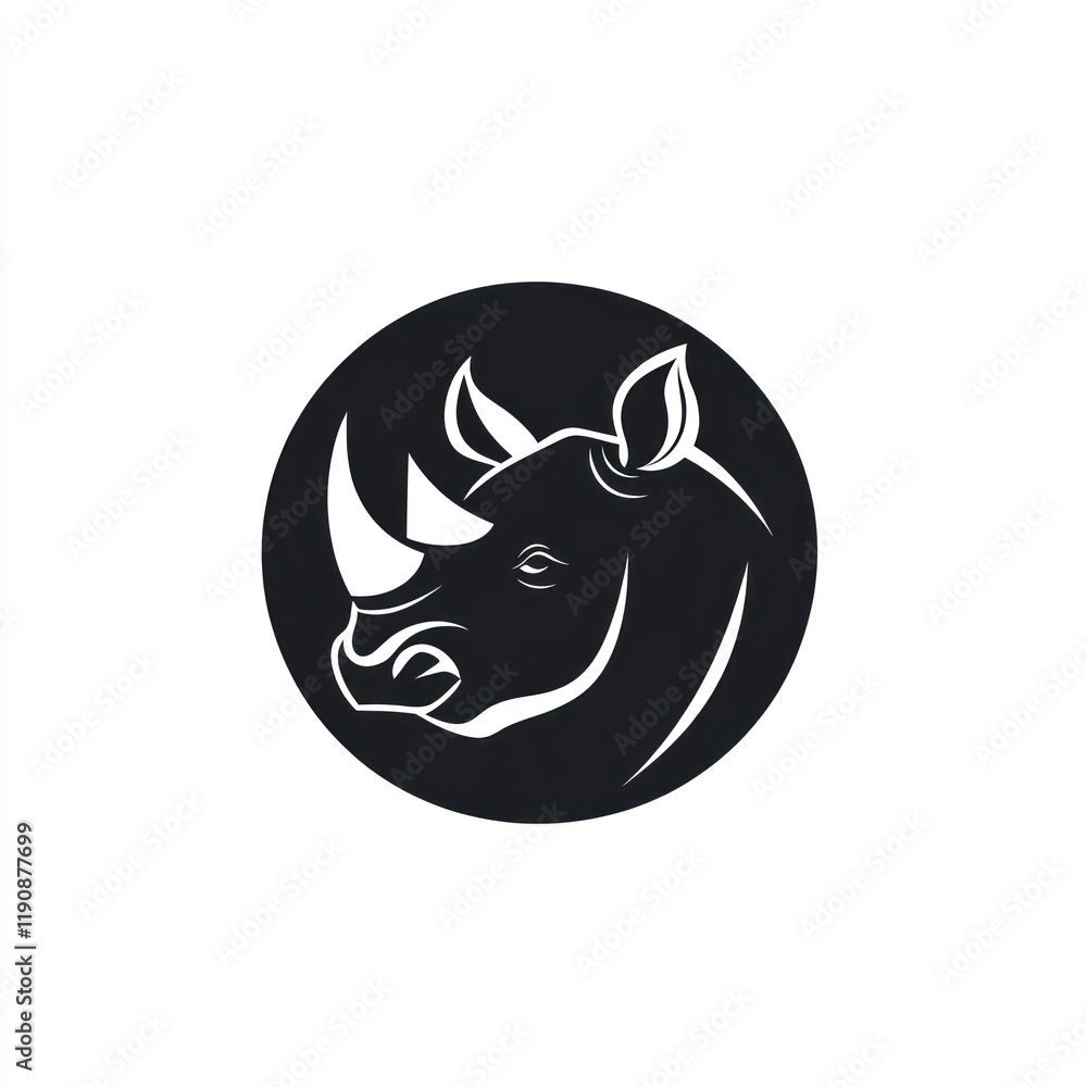 Fototapeta premium Rhino head silhouette, dark circle, white background, logo design