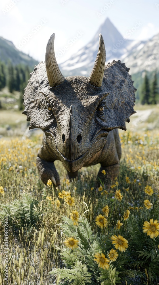 Triceratops Roaming in a Vibrant Meadow Under a Clear Sky in Prehistoric Landscape Triceratops Roaming in a Vibrant Meadow Under a Clear Sky in Prehistoric Landscape