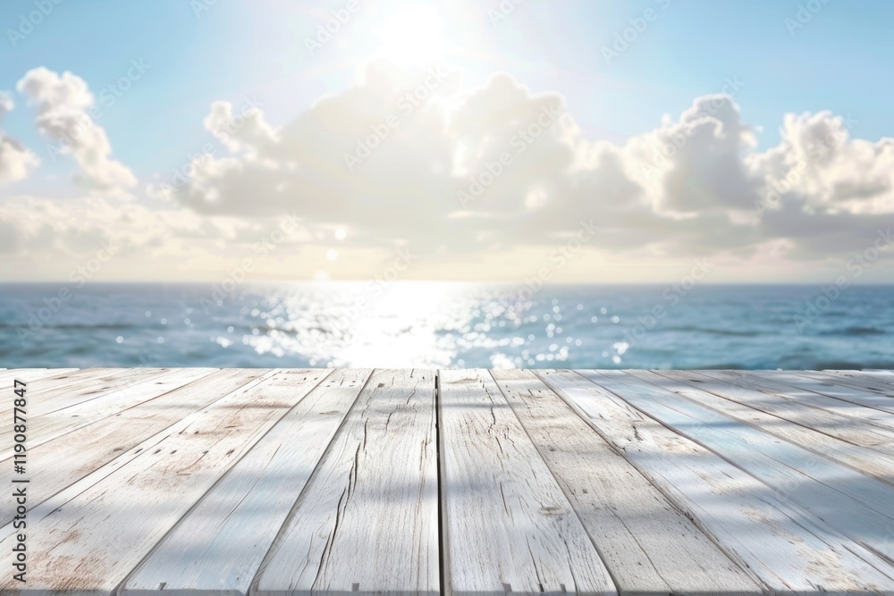Fototapeta premium White table top with blue sky and sea background.