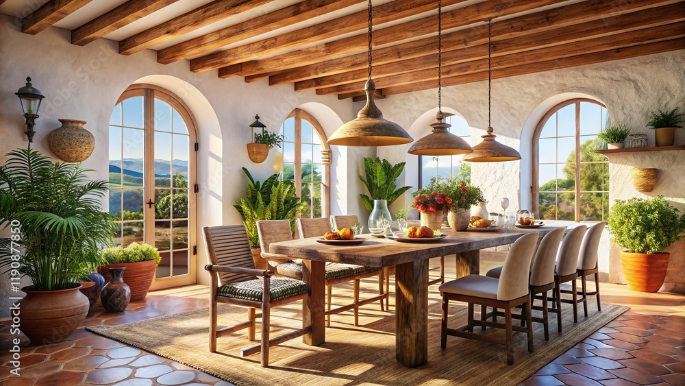 Fototapeta premium Mediterranean Dining Room Interior Mockup: Sunlit Table Setting with Copy Space