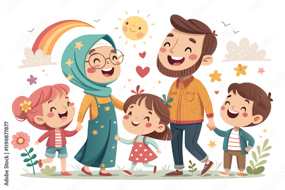Set of happy traditional heterosexual families with children. Smiling mother, father and kids. Cute cartoon characters isolated on white background. Colorful vector illustration in flat style. Set of happy traditional heterosexual families with children. Smiling mother, father and kids. Cute cartoon characters isolated on white background. Colorful vector illustration in flat style.