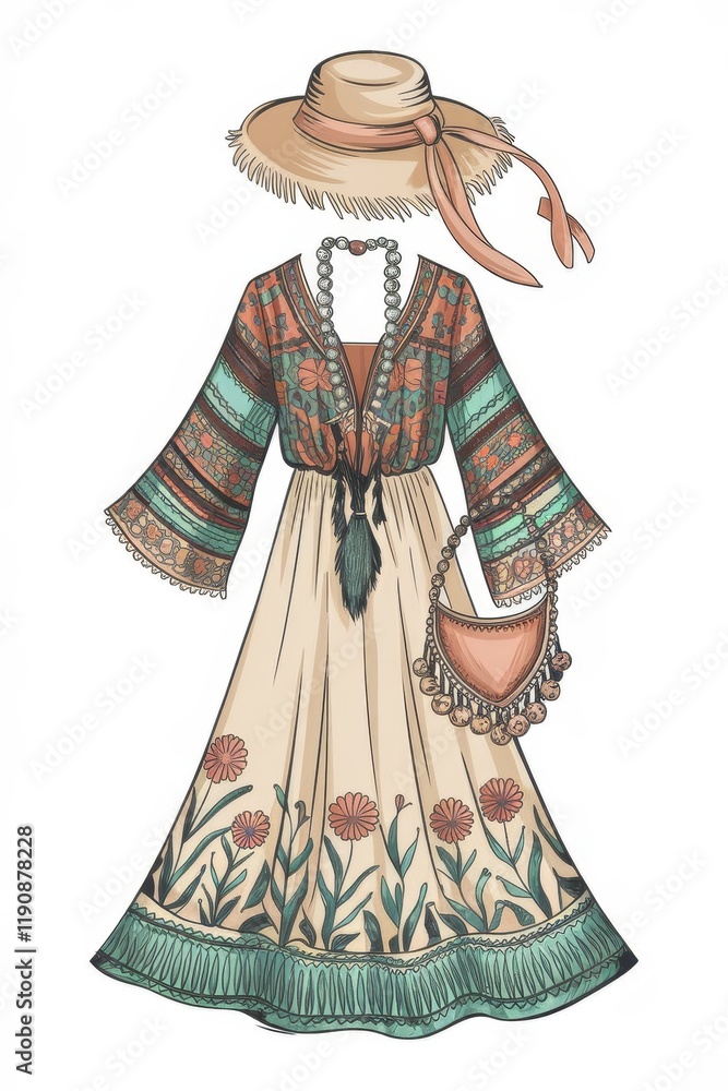 Obraz premium Bohemian Summer Dress Outfit Fashion Illustration