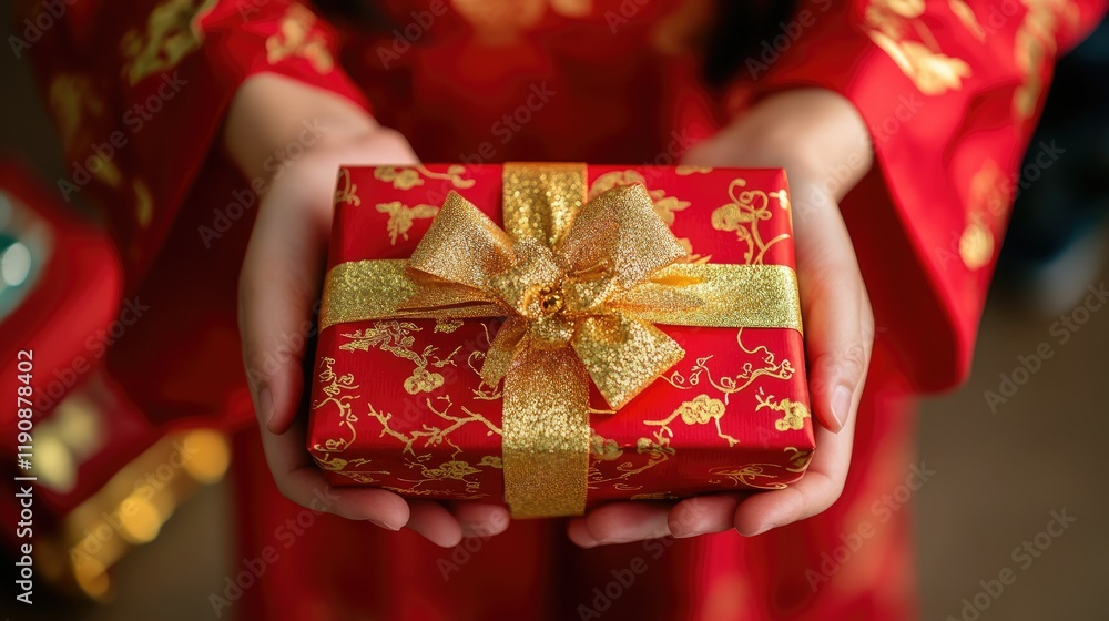 A family member offering a gift wrapped in vibrant red paper with gold accents, symbolizing luck and prosperity during Chinese New Year. A family member offering a gift wrapped in vibrant red paper with gold accents, symbolizing luck and prosperity during Chinese New Year.