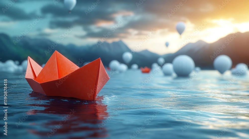 Obraz premium Red paper boat floating among balloons in a peaceful river. Generative AI