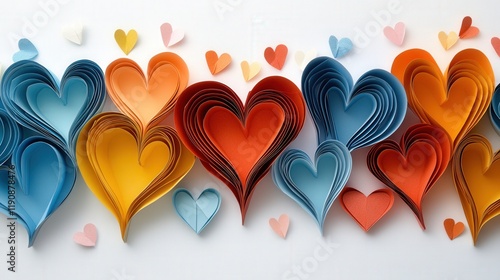 Colorful collection of paper hearts arranged in a creative pattern on a white background valentine day