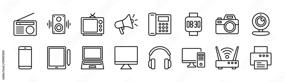 Electronic device and technology thin line icon set. Containing computer, mobile, laptop, monitor, tablet, radio, speaker, television, megaphone, phone, smart watch, cctv camera, router, printer Electronic device and technology thin line icon set. Containing computer, mobile, laptop, monitor, tablet, radio, speaker, television, megaphone, phone, smart watch, cctv camera, router, printer