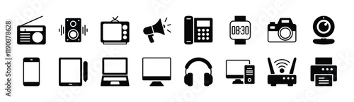 Electronic device and technology icon vector set. Contains computer, mobile, laptop, monitor, tablet, radio, speaker, television, megaphone, phone, smart watch, cctv camera, router, printer, headphone
