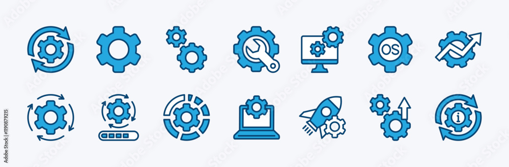 Set of operating system or OS icon. Containing software update, configuration, customization, options, maintenance, progress bar, upgrade, settings, installation, process, service. Vector illustration Set of operating system or OS icon. Containing software update, configuration, customization, options, maintenance, progress bar, upgrade, settings, installation, process, service. Vector illustration