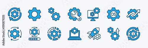 Set of operating system or OS icon. Containing software update, configuration, customization, options, maintenance, progress bar, upgrade, settings, installation, process, service. Vector illustration