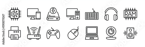 Hardware technology thin line icon set. Containing chips, computer device parts, mobile, hard drive, keyboard, headphone, printer, wifi router, gamepad, mouse, laptop, webcam, speaker, and ram vector
