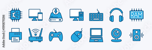 Set of hardware technology icon. Contains chips, computer device parts, mobile, hard drive, keyboard, headphone, printer, wifi router, gamepad, mouse, laptop, webcam, speaker, ram. Vector illustration