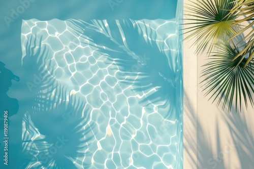 Top view luxury swimming pool with palm shadow  summer background.