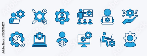 Set of information technology manager icon. Containing specialist, expert, professional, service, technician, work, engineer, workshop, installer, employee, project. Vector illustration